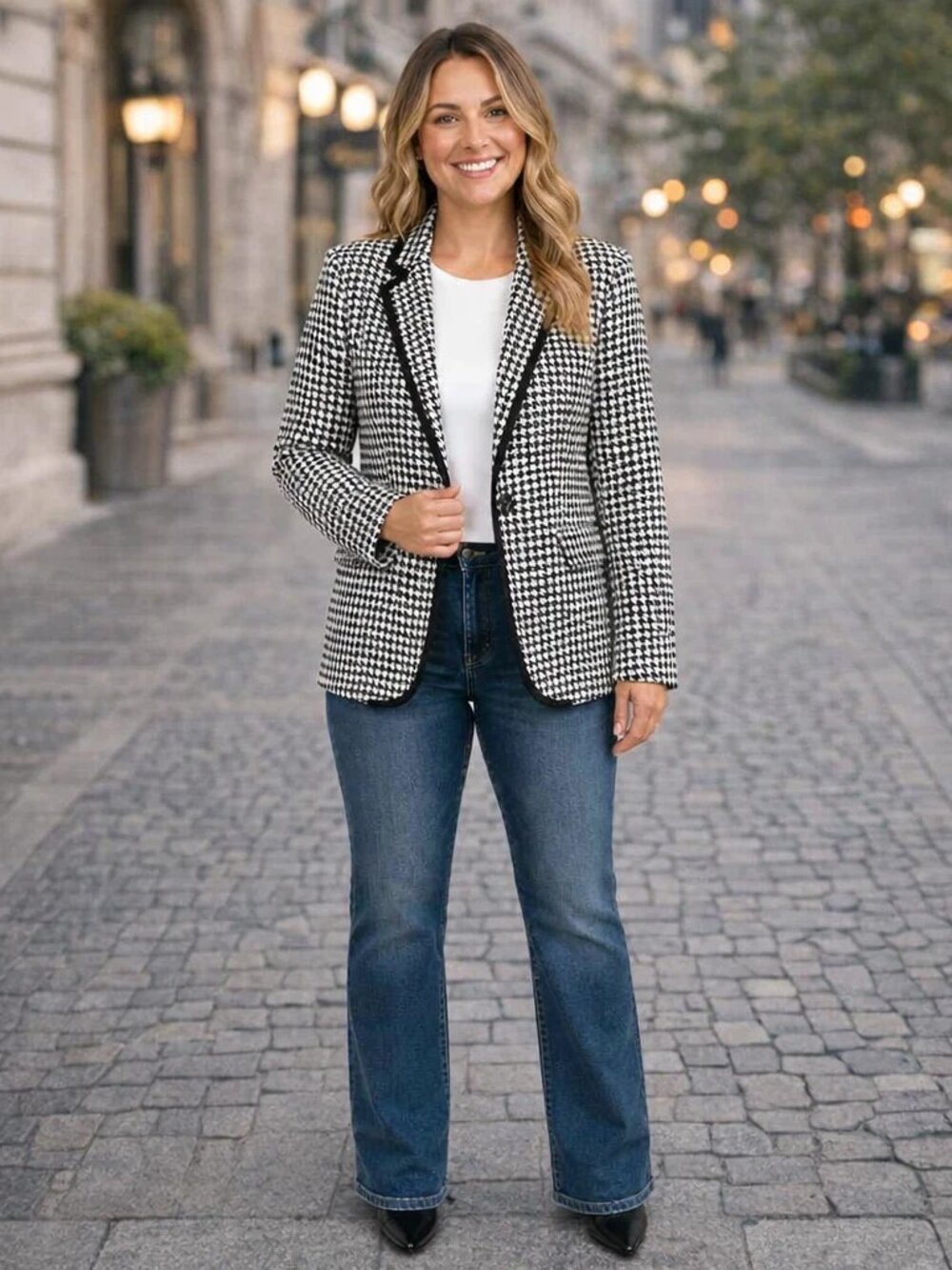 Merona Houndstooth Blazer 8 Black White Preppy Old Money Chic Tailored Classic